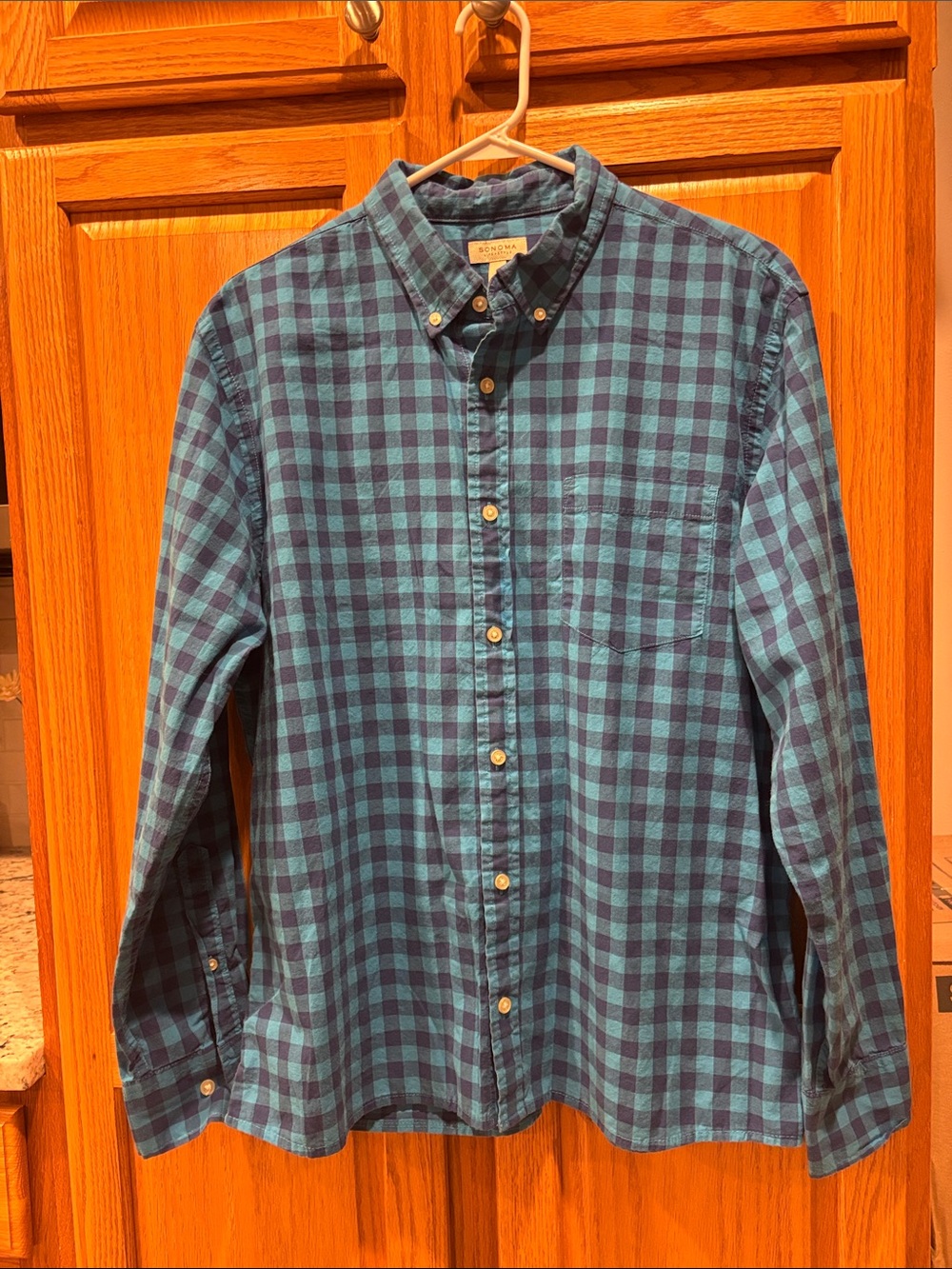 Sonoma Teal and Navy Check Button-Down Shirt-Size L-